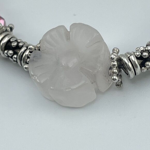 Bracelet Sterling Silver Flower Quartz Pink Crystal Beaded Breast Cancer Charm - Picture 3 of 8